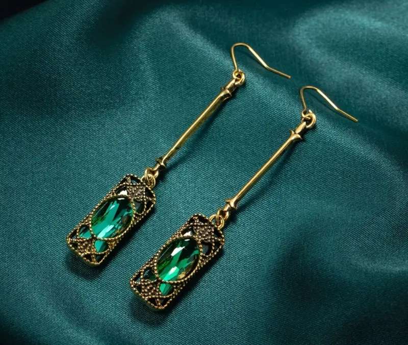 Pair of Vintage-Inspired Long Dangle Earrings with Synthetic Emerald Stones