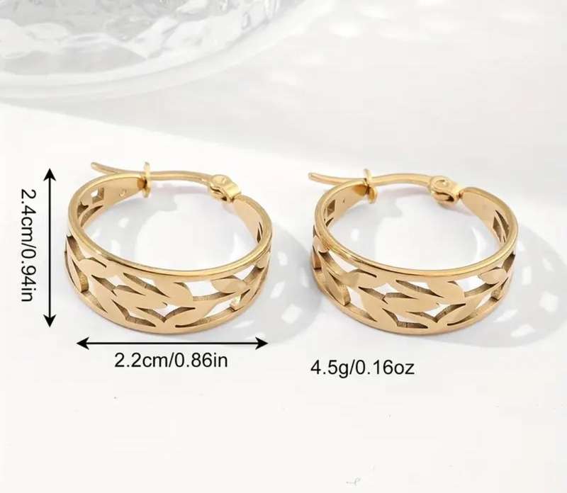 Elegant Gold Plated Olive Branch Hoop Earrings Stainless Steel Vintage Design