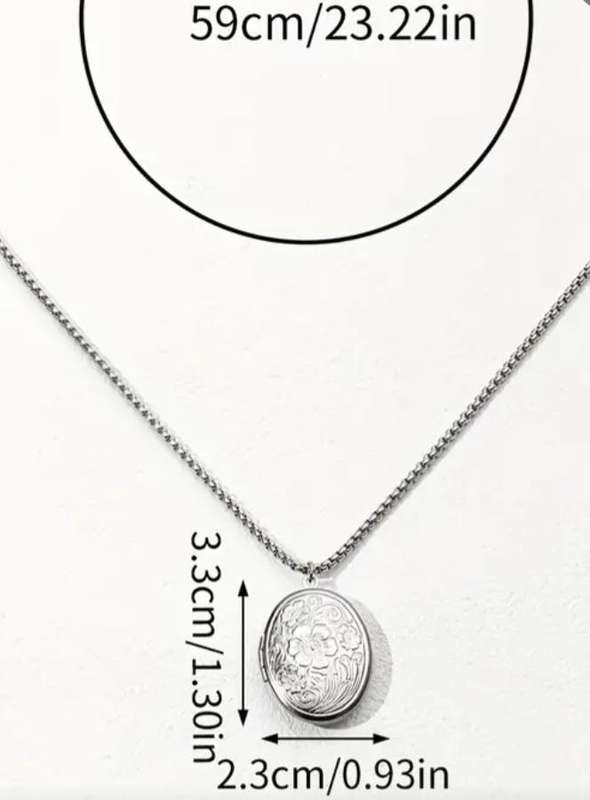 Stainless Steel Oval Flower Pattern Locket Pendant Necklace