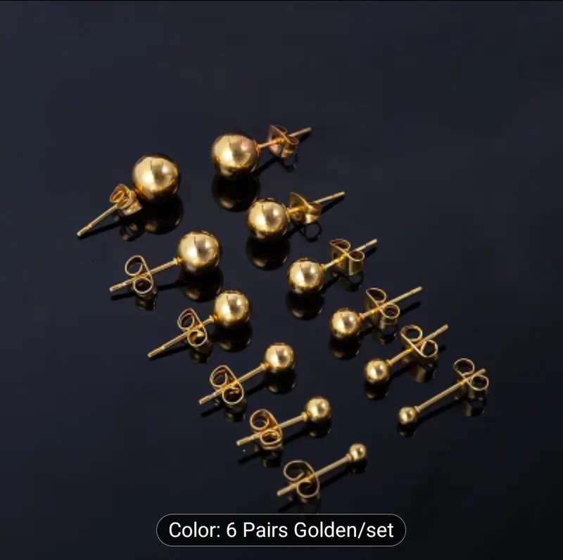 6 Pairs of Stylish Stainless Steel Round Ball Earrings Gold Plated