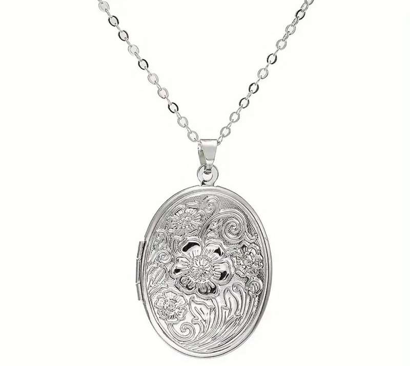 Stainless Steel Vintage Oval Flower Locket Pendant Necklace