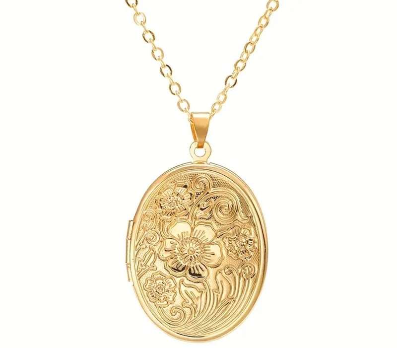 Gold Plated Stainless Steel Oval Flower Pattern Locket Pendant Necklace