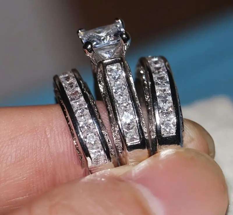 3pcs Women's Ring Set Luxury Inlaid Square Synthetic Zirconia Engagement Ring