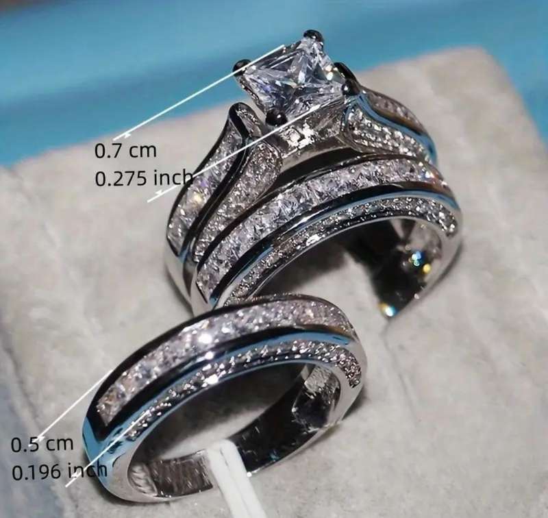 3pcs Women's Ring Set Luxury Inlaid Square Synthetic Zirconia Engagement Ring