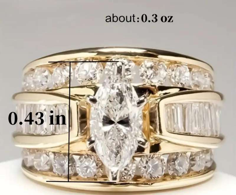 One Piece Ring Golden Three Rows of White Engagement Wedding Ring Senior