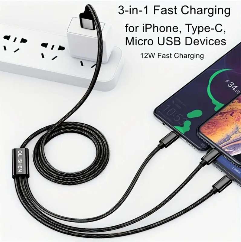 Long (3 meter) 3-in-1 OLISHEN USB Fast Charging Cable - Black