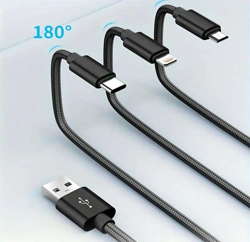 Long (3 meter) 3-in-1 OLISHEN USB Fast Charging Cable - Black