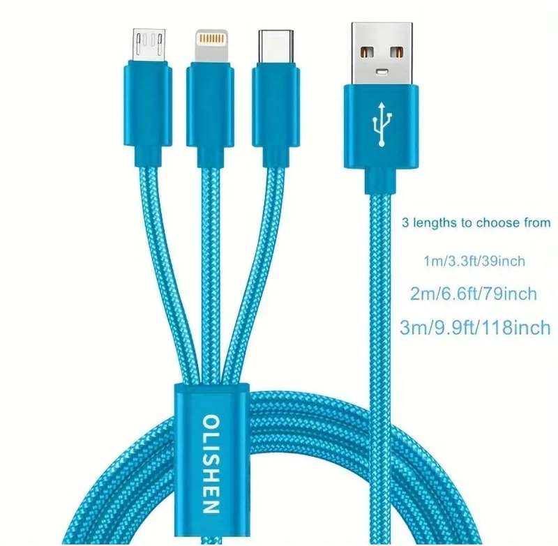 Long (3 meter) 3-in-1 OLISHEN USB Fast Charging Cable - Blue