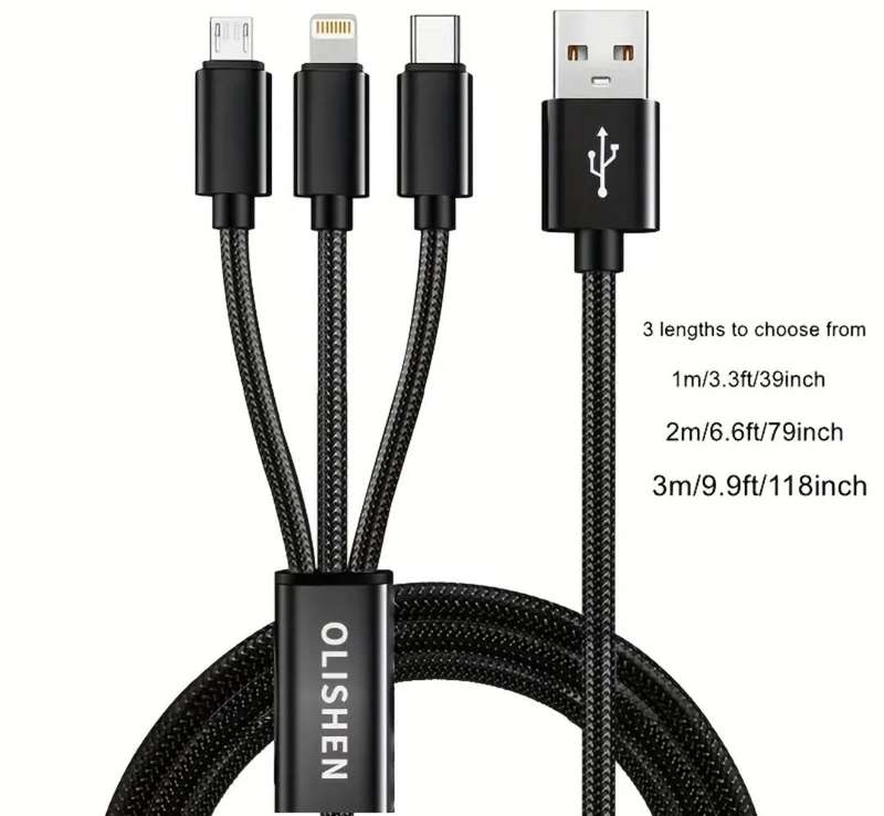 Long (3 meter) 3-in-1 OLISHEN USB Fast Charging Cable - Black
