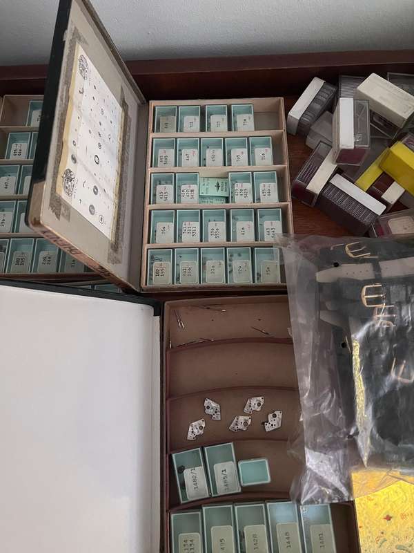 Vintage Watch Watchmaker's Lot, Spares, NOS Dials and NOS Parts Boxes.