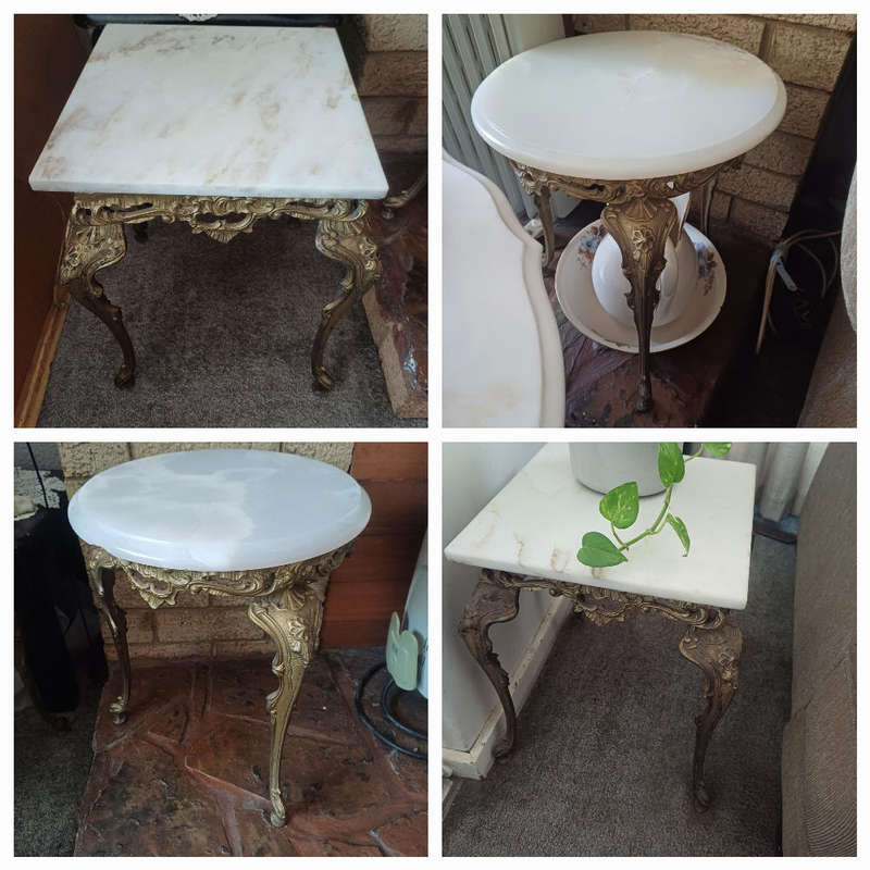 4 Italian marble coffee side tables with brass bases and assorted tops.