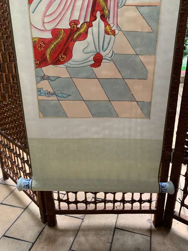 Oriental Asian scroll Blue and White porcelain roller Stamped