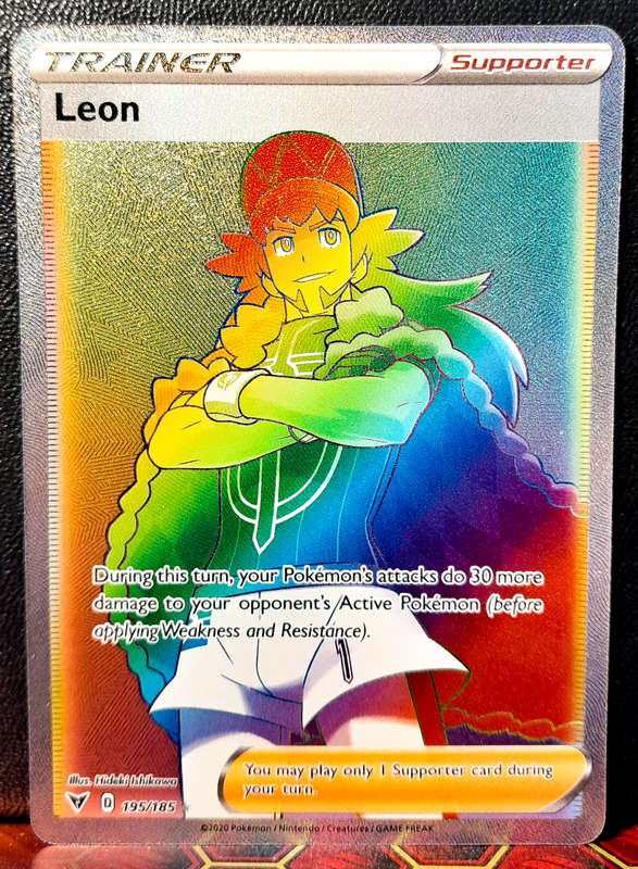Pokemon Card - Leon 195/185 - Rainbow secret rare- SWSH Vivid Voltage NM