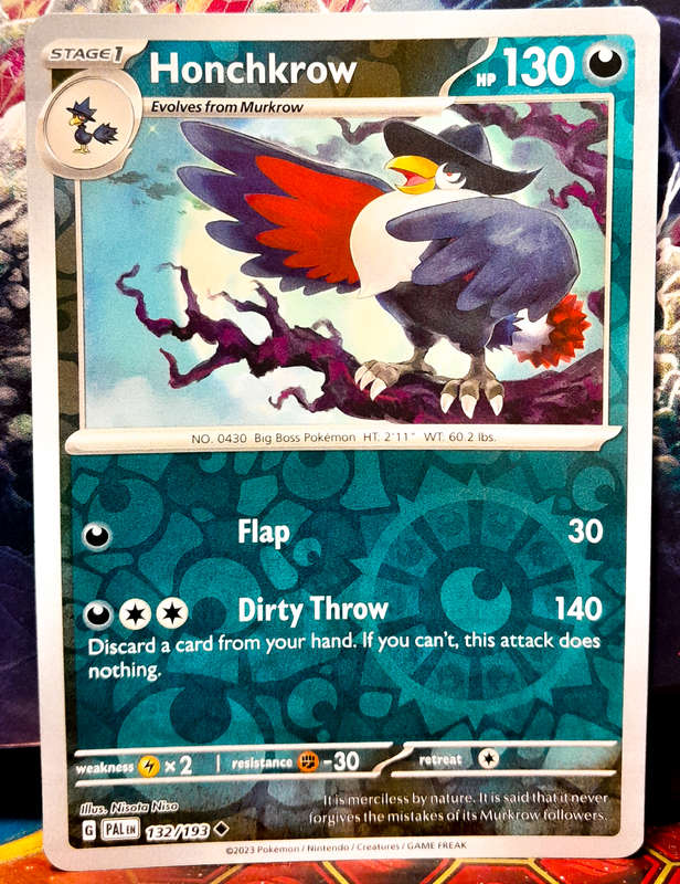 Pokemon Card - Honchkrow 132/193 - Reverse Holo - Paldea Evolved NM