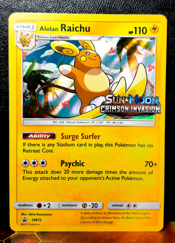 Pokemon Card - Alolan Raichu SM72 - Crimson Invasion - Pre-Release Promo - Black star Promo NM