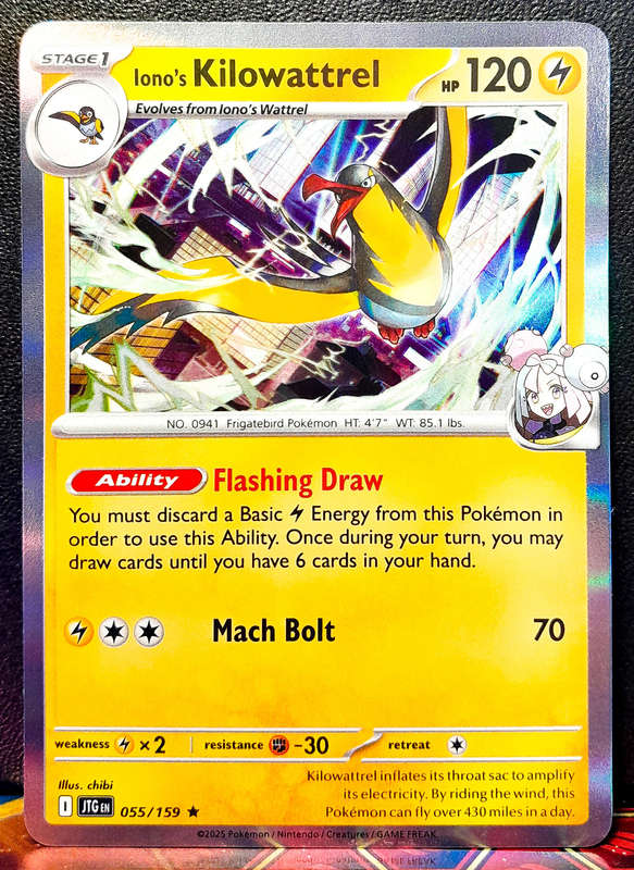 Pokemon Card - Iono's Kilowattrel 055/159 - Holofoil Rare - Journey Together - NM