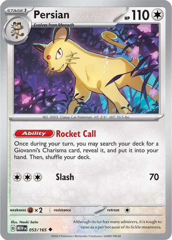 Pokemon Card - Persian 053/165 - Uncommon - Pokemon 151 - NM