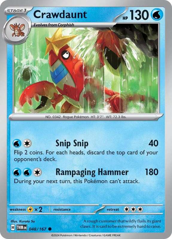 Pokemon Cards - Crawdaunt 048/167 - Common - Twighlight Masquerade (NM)