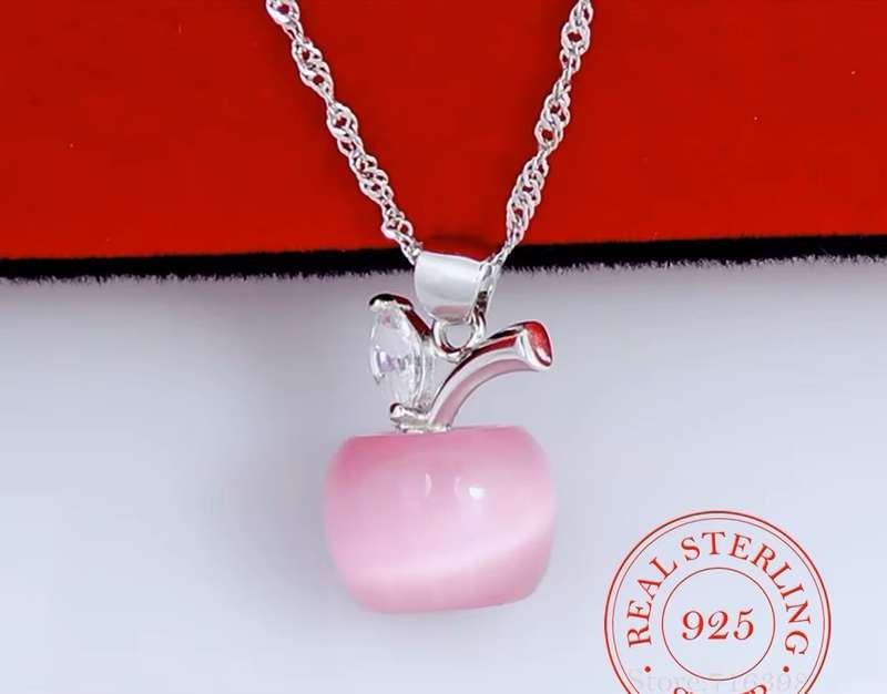 Pink Crystal Apple Elegant  Vintage Link Chain Necklace 925 Sterling Silver