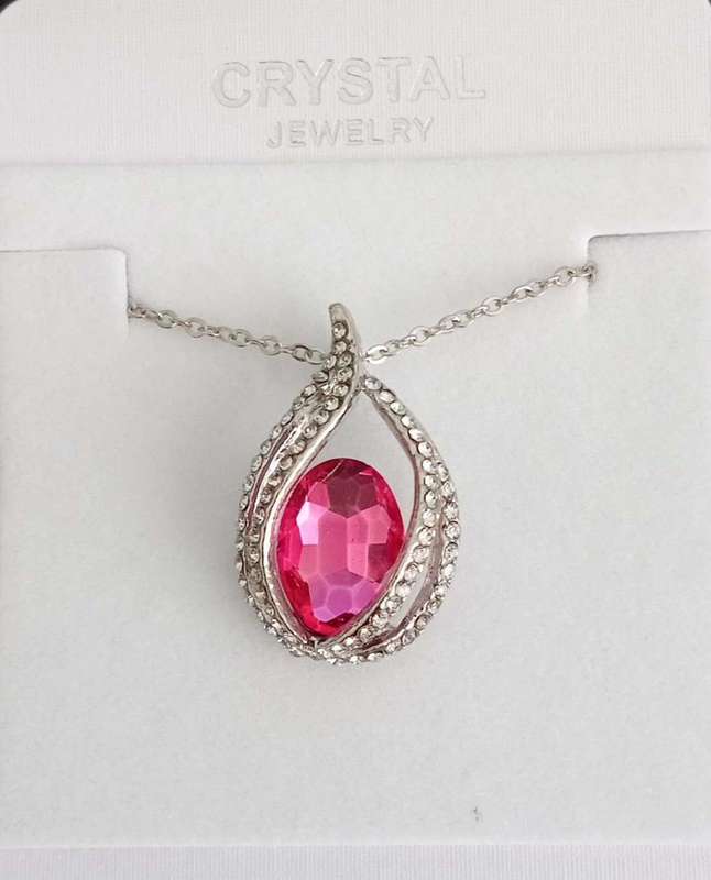 Crystal Flame Pink Water Tear pendant necklace  and earrings fashion jewelry set