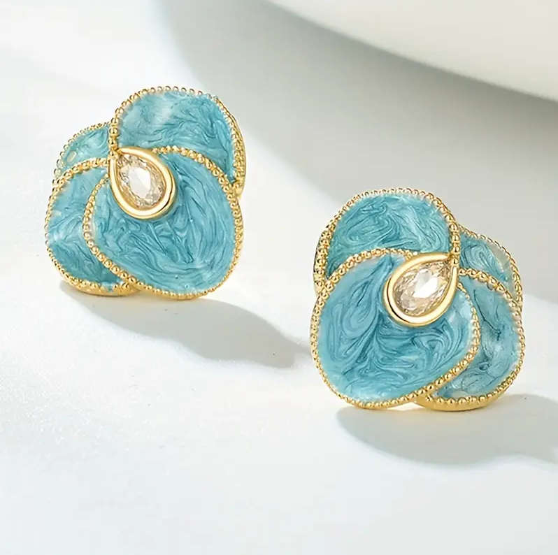 Blue Camellia Flower Drop Earrings