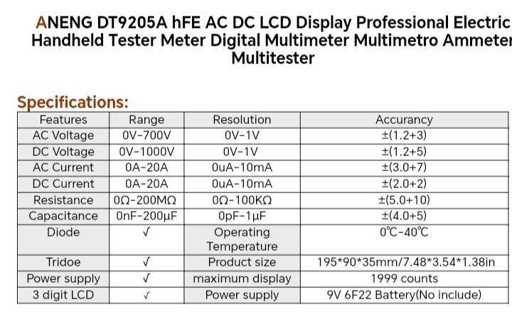 Hand held digital multi-meter Dt9205A ANENG