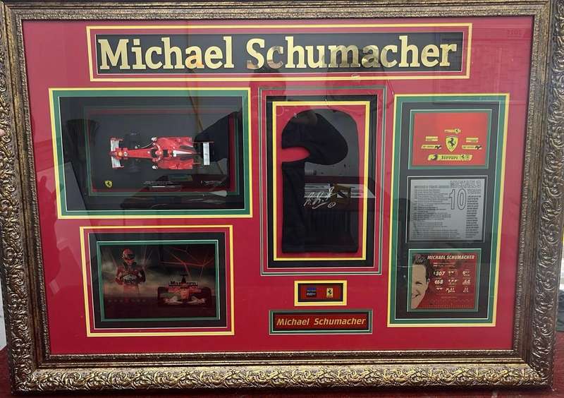 Michael Schumacher Collage with autographed F1 Balaclava