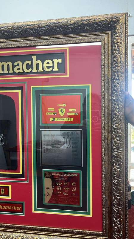 Michael Schumacher Collage with autographed F1 Balaclava