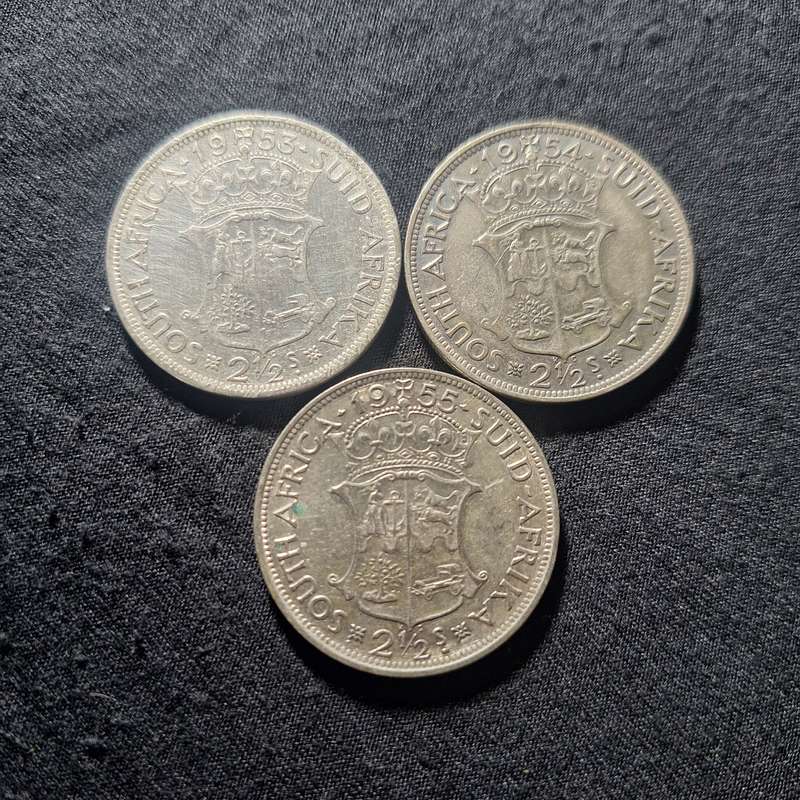 1953, 1954, 1955 Silver 2 1/2 Shilling South Africa Coins