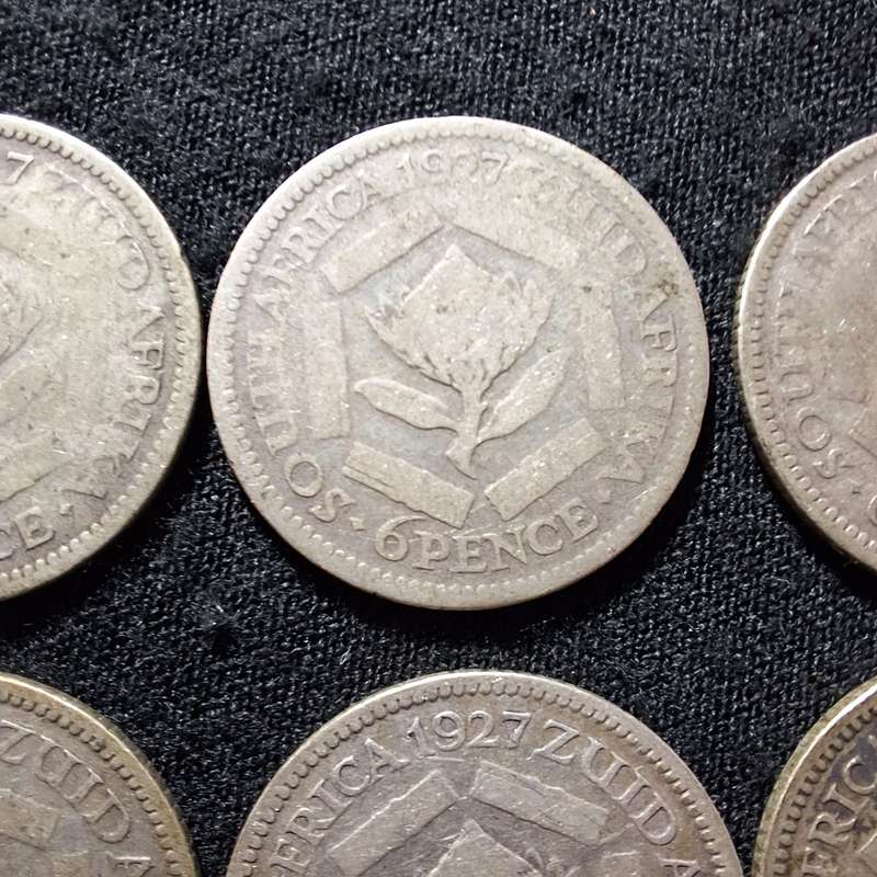 9 x 1927 Silver 6 Pence South Africa Coins
