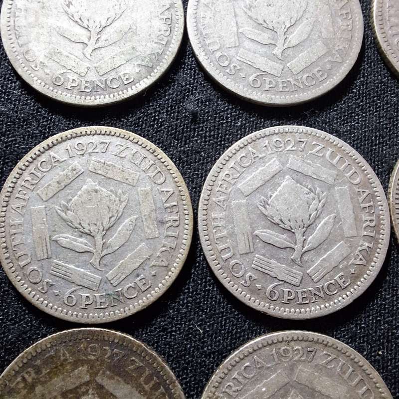 9 x 1927 Silver 6 Pence South Africa Coins
