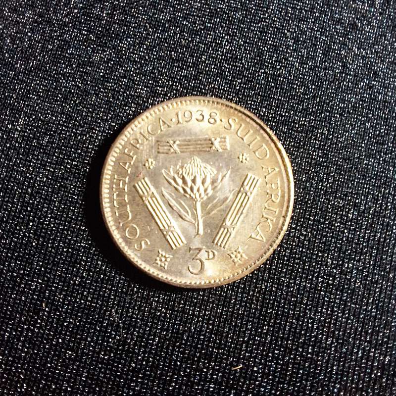 1938 3D Threepence Silver South Africa Coin