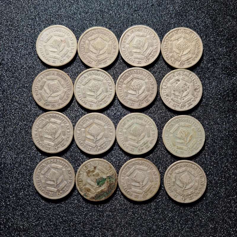 16 x 1934 6D (Sixpence) 43 grams Silver South Africa Coins