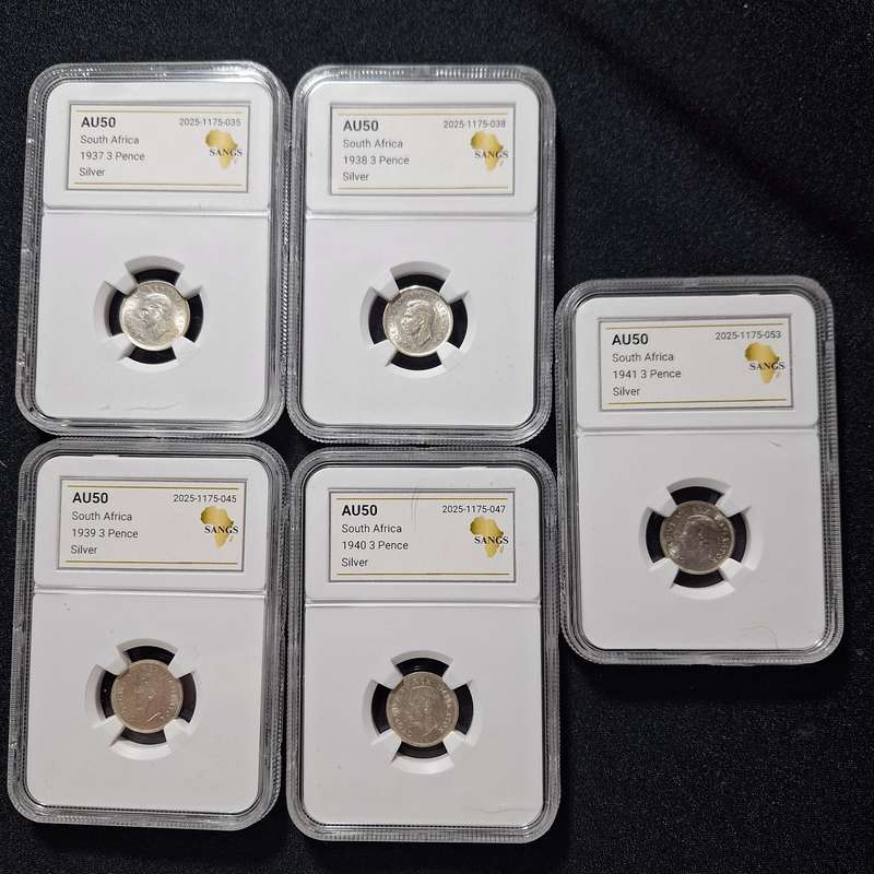 1937, 1938, 1939, 1940, 1941 - 3 Pence South Africa Coins SANGS Graded AU50