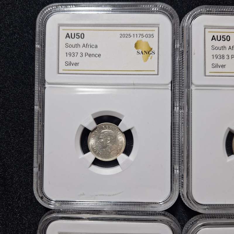 1937, 1938, 1939, 1940, 1941 - 3 Pence South Africa Coins SANGS Graded AU50