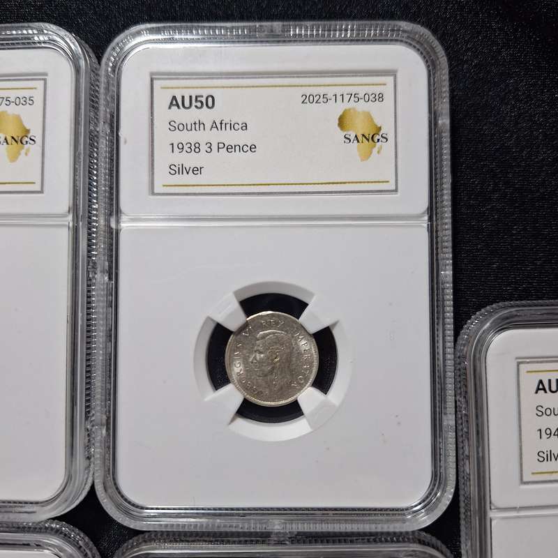 1937, 1938, 1939, 1940, 1941 - 3 Pence South Africa Coins SANGS Graded AU50