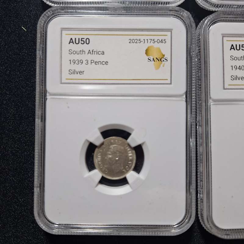 1937, 1938, 1939, 1940, 1941 - 3 Pence South Africa Coins SANGS Graded AU50