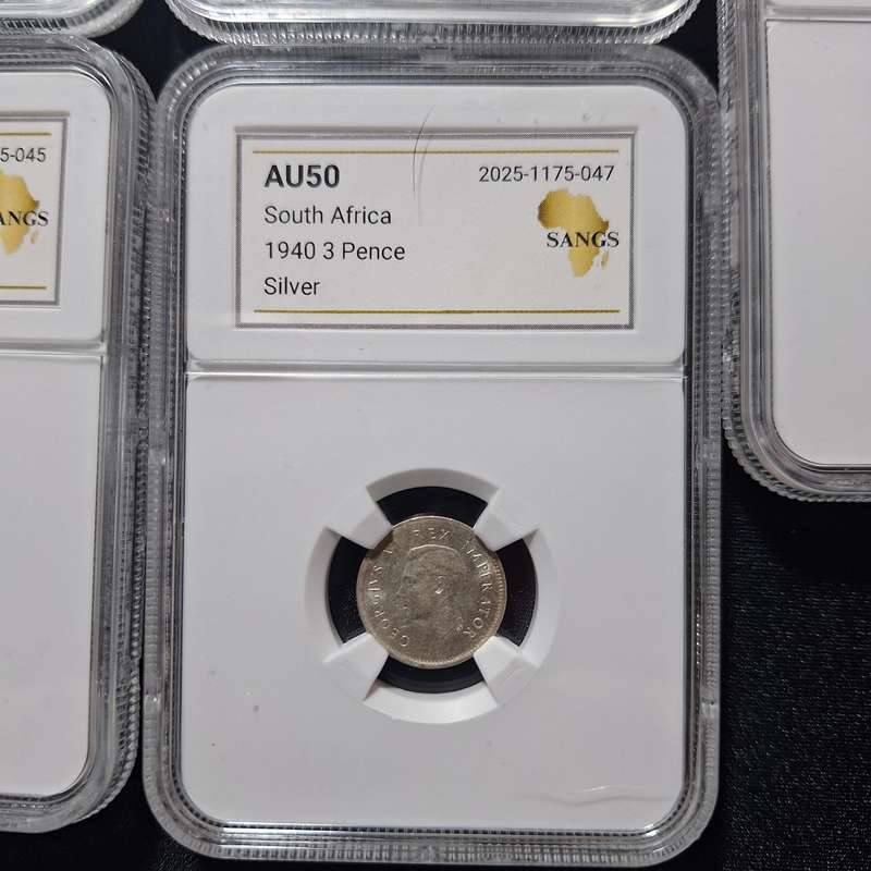 1937, 1938, 1939, 1940, 1941 - 3 Pence South Africa Coins SANGS Graded AU50