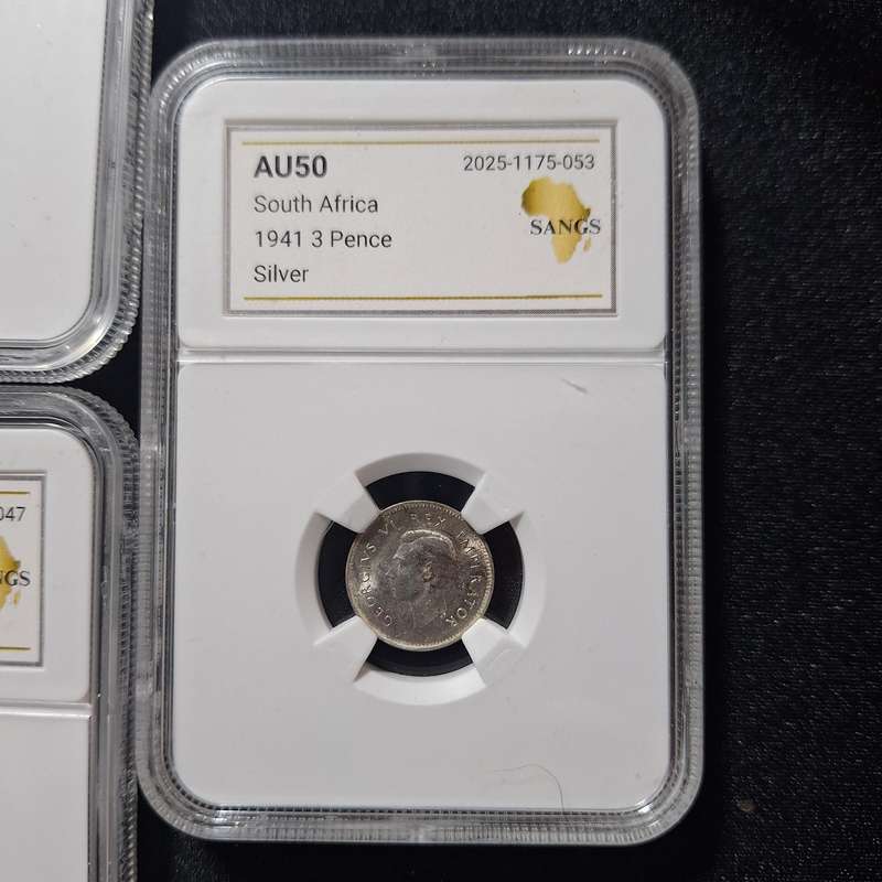1937, 1938, 1939, 1940, 1941 - 3 Pence South Africa Coins SANGS Graded AU50