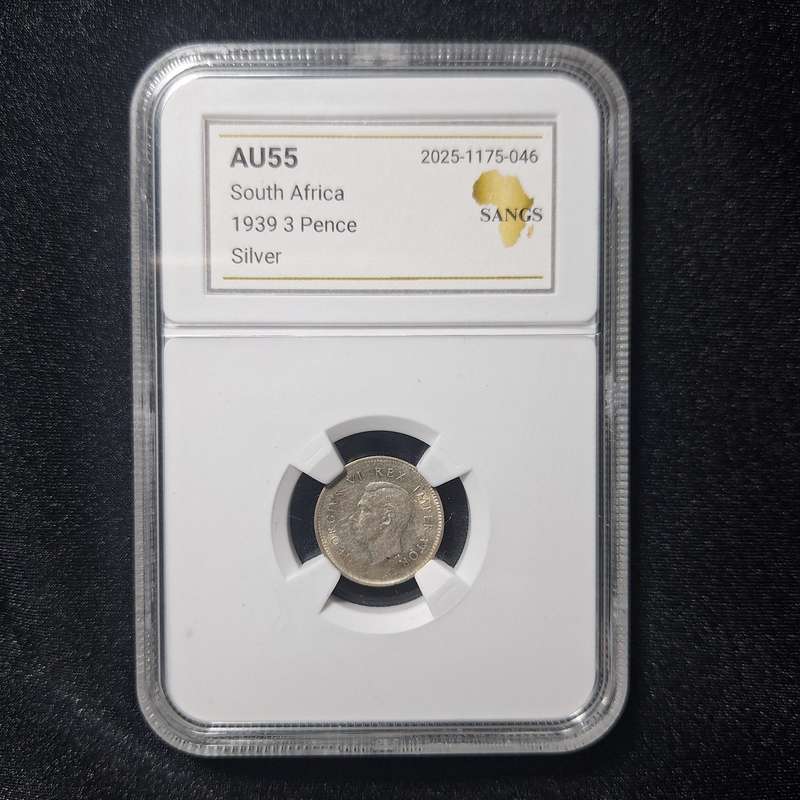 1939 - 3 Pence Silver South Africa Coin AU55 SANGS Graded