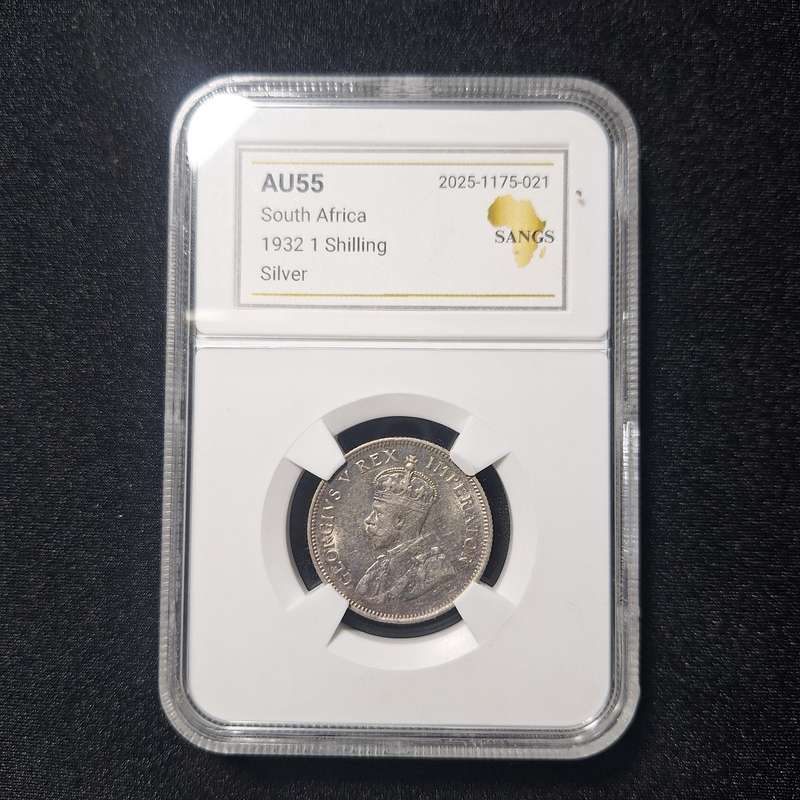 1932 - 1 Shilling Graded AU55 Silver South Africa Coin SANGS Graded
