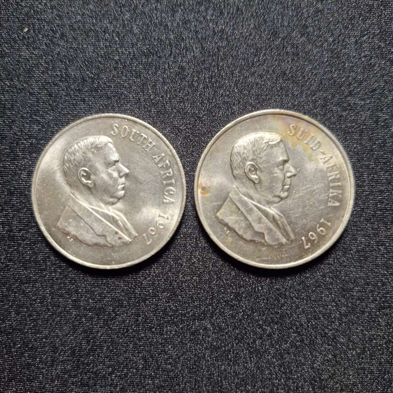 2 x 1967 1 Rand 80% Silver 30 Grams total South Africa Coins