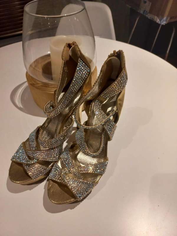 Glamorous Gold & Diamanté Strappy Heels  Size 38
