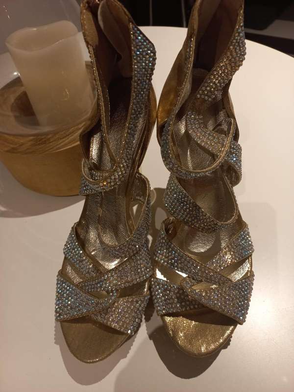 Glamorous Gold & Diamanté Strappy Heels  Size 38