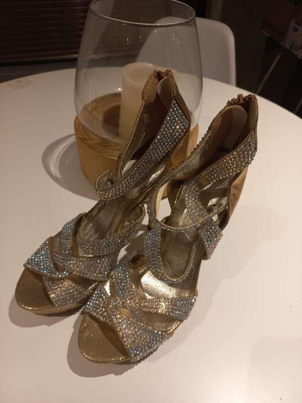 Glamorous Gold & Diamanté Strappy Heels  Size 38