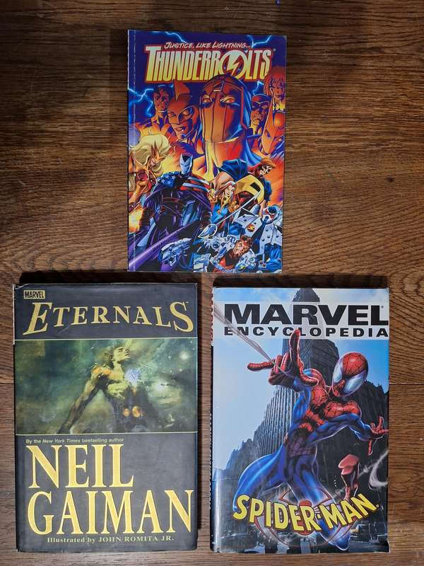 3x Marvel books Thunderbolts, Eternals and encyclopedia