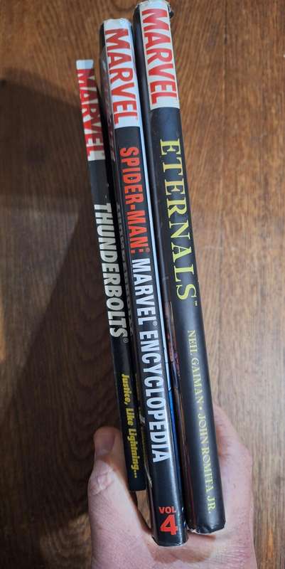 3x Marvel books Thunderbolts, Eternals and encyclopedia