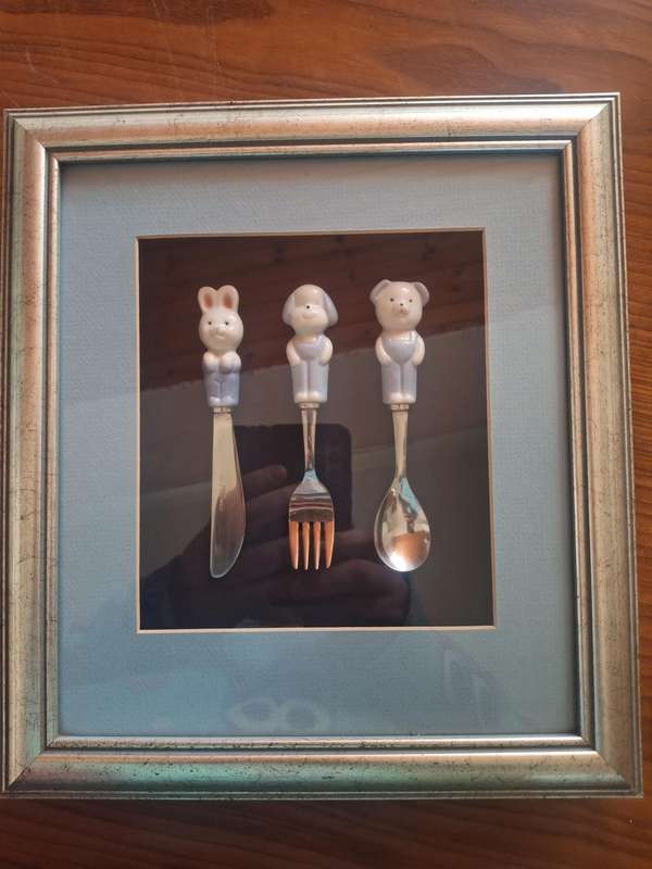Vintage LILLIAN VERNON Childs Flatware Set Ceramic Handle Stainless Made in Japan framed