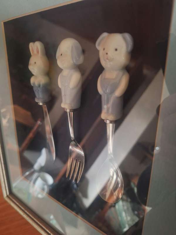 Vintage LILLIAN VERNON Childs Flatware Set Ceramic Handle Stainless Made in Japan framed