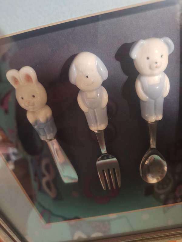 Vintage LILLIAN VERNON Childs Flatware Set Ceramic Handle Stainless Made in Japan framed